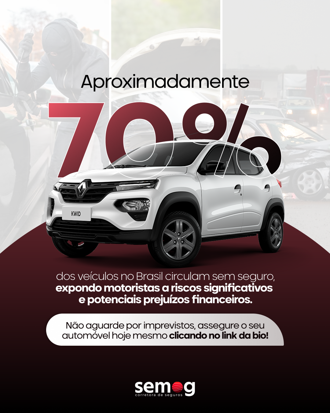 Aproximadamente 70% dos veículos no Brasil circulam sem seguro, expondo motoristas a riscos significativos e potenciais prejuízos financeiros.